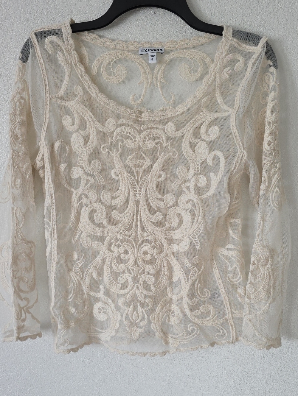 Express Cream Sheer Mesh Embroidered Soutache Long Sleeve Top Sz SP